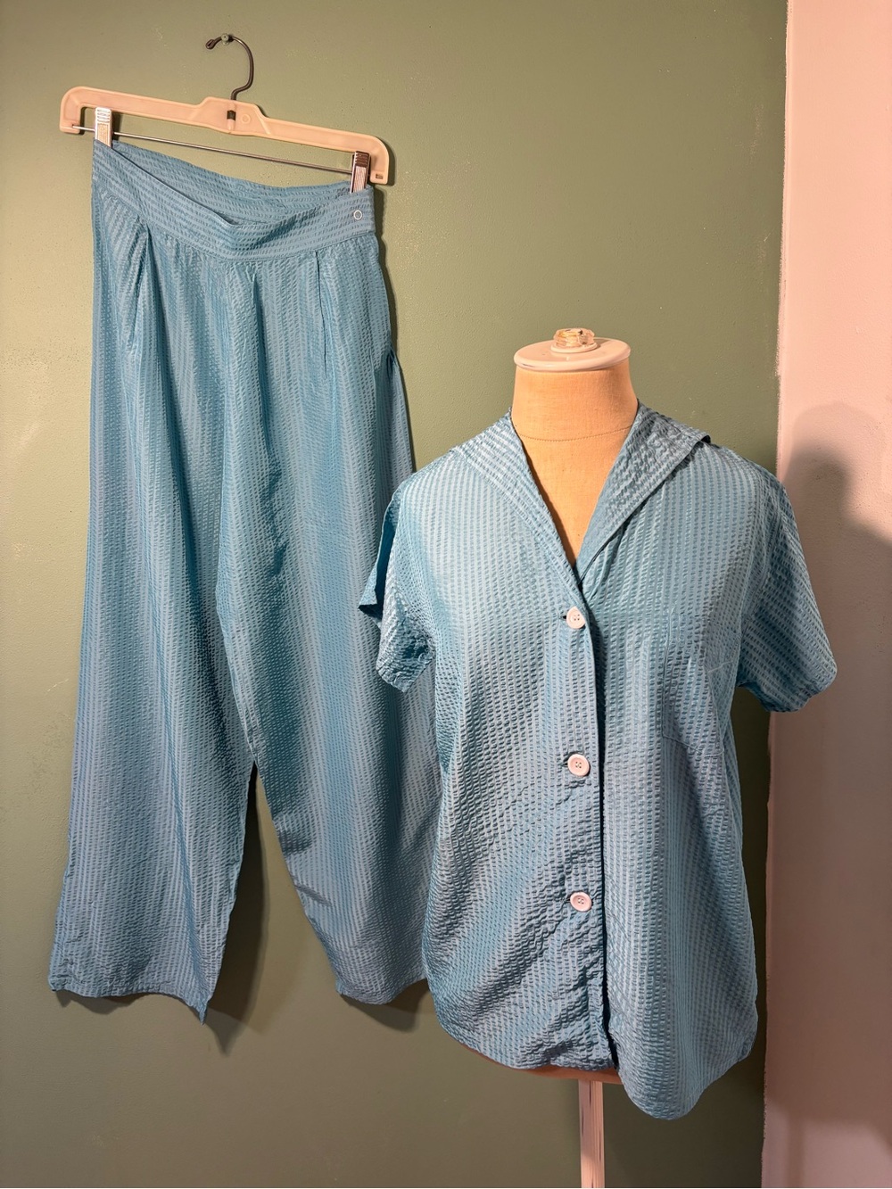 Vintage 1950’s Blue Two-Piece Seersucker Woman’s Pajamas